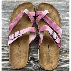 Twisted Women's Sandals 10 Pink Velvet Cork Soles Slip On Open Back Thong Toe